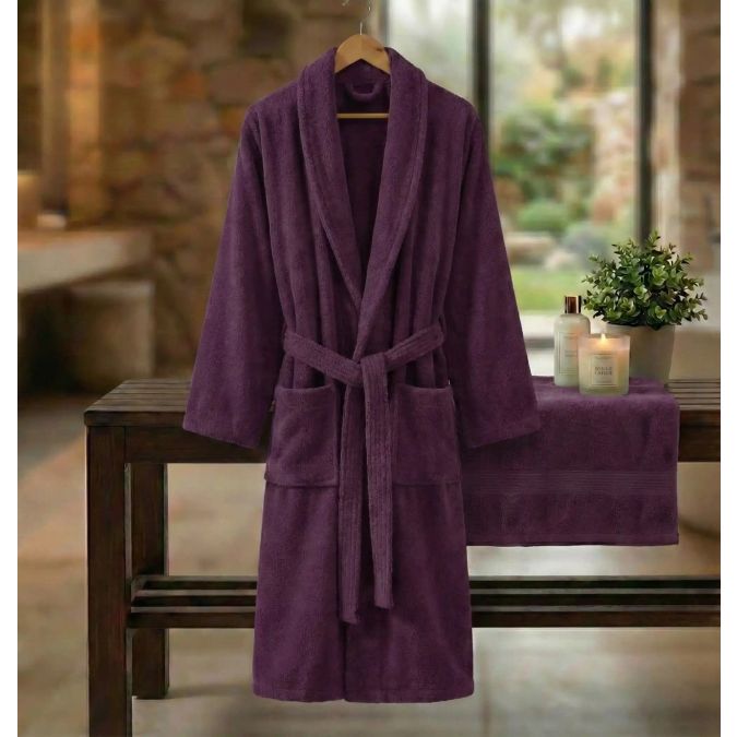 Halat de baie si SPA Hotel cu guler Kimono Velur 100% Bumbac, unisex XXL, 420 grame/mp, Mov
