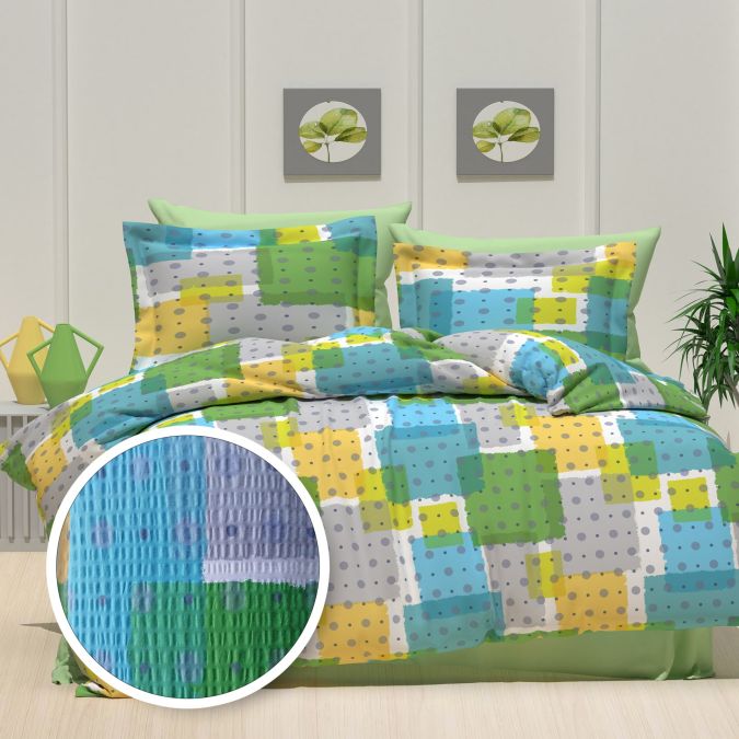 Lenjerie pat dublu Creponata 100% Bumbac, cearsaf pat 200x230 cm, pilota 180x215 cm, 2 fete perna 50x70 cm, Verde Albastru, Pucioasa CREP45