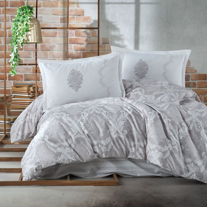 Lenjerie pat dublu Bumbac 100% Ranforce 4 piese extra large, cearsaf pat 240x260 cm, pilota 200x220 cm, 2 fete perne 50x70 cm, Bej FIORITA V2