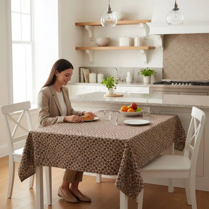 Față de masă antimurdărire, Imprimeu geometric Maro, Pucioasa