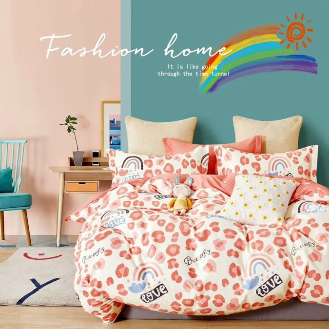 Lenjerie de pat o persoana Percalle imprimat Bumbac 100% 3 piese cearsaf pat 160x240 cm, pilota 150x220 cm, fata perna 50x70 cm, Curcubeu love Rosu, Pucioasa