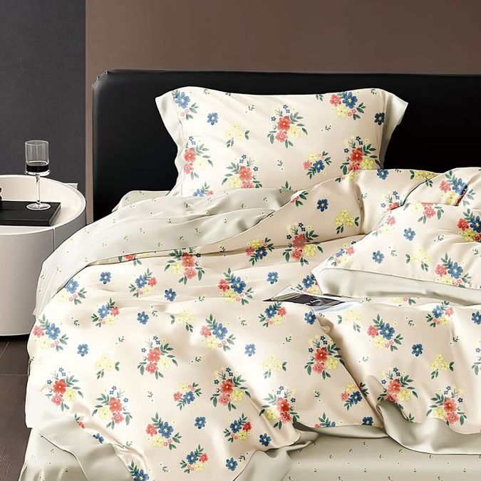 Lenjerie pat dublu 6 piese Percale Bumbac 100%, 6 piese, cu husa saltea 160x200 sau 180x200 cm, pilota 200x230 cm, 2 fete perna 50x70 cm si 70x70 cm, Floricele colorate Bej, Pucioasa