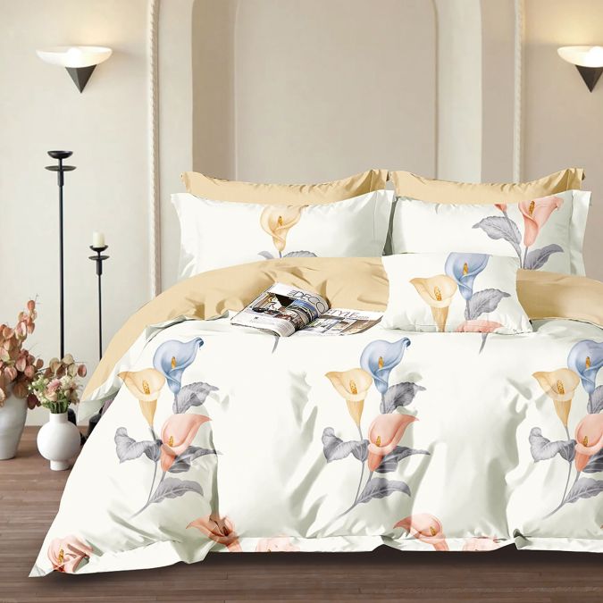 Lenjerie pat dublu 6 piese Percale Bumbac 100%, 6 piese, cu husa saltea 160x200 sau 180x200 cm, pilota 200x230 cm, 2 fete perna 50x70 cm si 70x70 cm, Cale Bej / Gri, Pucioasa