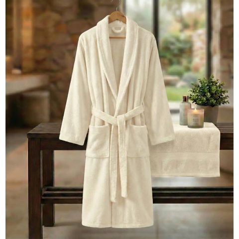 Halat de baie si SPA Hotel cu guler Kimono Velur 100% Bumbac, unisex XXL, 420 grame/mp, Crem