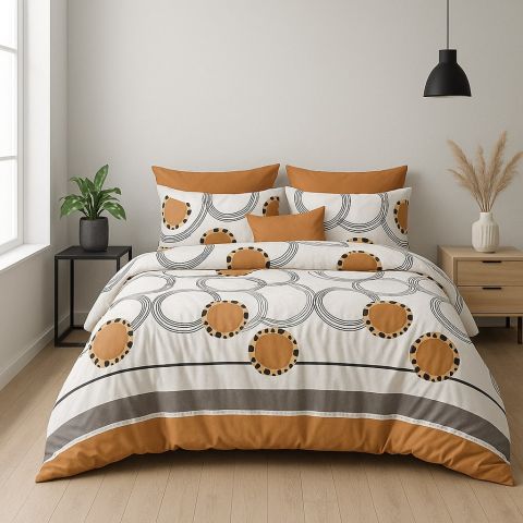 Lenjerie pat dublu ELVO 4 piese cearsaf pat 230x250 cm, pilota 200x230 cm, 2 fete perne 50x70 cm, Cercuri Alb / Portocaliu