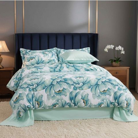 Lenjerie pat Ranforce Cotton Pro Bumbac 100%, King Size cu husa, 4 piese Imprimeu floral Verde RCP8