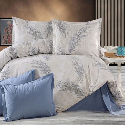 Lenjerie pat Ranforce Cotton Pro Bumbac 100%, King Size cu husa, 4 piese Moderna Bej/Albastru RCP51