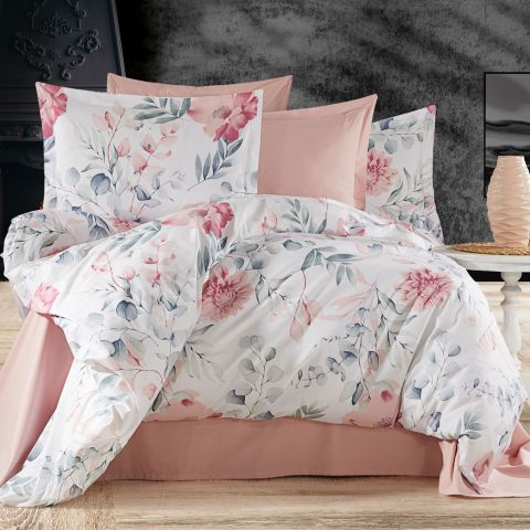 Lenjerie pat Ranforce Cotton Pro Bumbac 100%, King Size cu husa, 4 piese Motiv floral Roz/Albastru RCP52