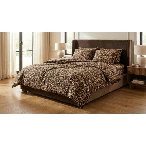 Lenjerie pat dublu extra large Creponata 100% Bumbac, cearsaf pat 240x260 cm, pilota 200x230 cm, 2 fete perna 50x70 cm, Animal Print Maro, Pucioasa CREP76