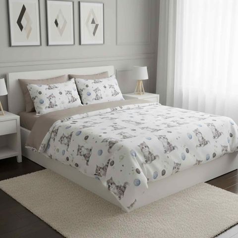 Lenjerie pat Ranforce Cotton Pro Bumbac 100%, King Size, 4 piese Pisicute Alb/Gri RCP13