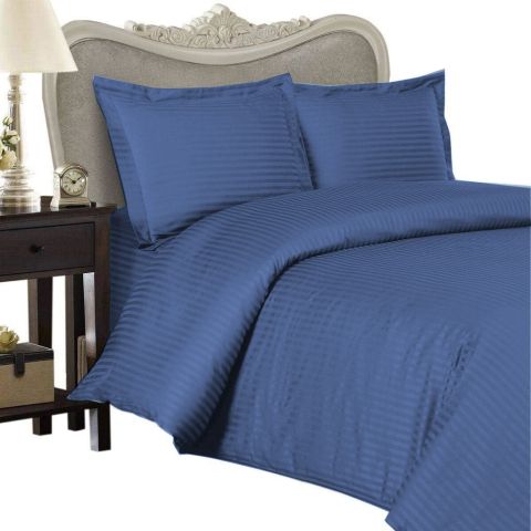 Lenjerie de pat o persoana Damasc Policoton dunga 1 cm, 3 piese, cearsaf pat 160x230 cm, cearsaf pilota 140x220 cm, fata perna 50x70 cm Albastru