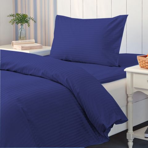 Lenjerie cu elastic la cearsaf pat Damasc Policoton dunga 1 cm, pentru saltea 90 sau 100x200 cm, cearsaf pilota 140x220 cm, fata perna 50x70 cm Albastru