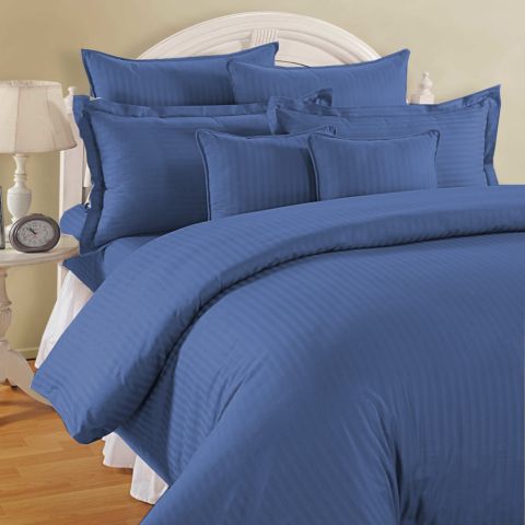 Lenjerie de pat dublu king size 6 piese Damasc Policoton dunga 1 cm, cearsaf pat 230x260 cm, cearsaf pilota 200x230 cm, fete perne 50x70 cm si 70x70 cm Albastru