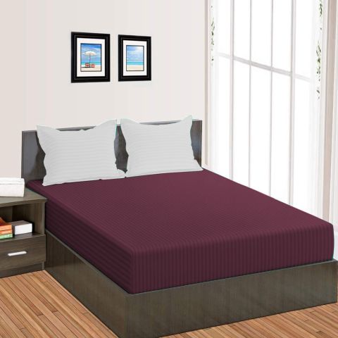 Cearsaf de pat cu elastic Damasc Policoton dunga 1 cm, 210x250 cm pentru saltea 160x200 cm, Rosu Visiniu