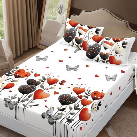 Set husă pat Finet Elegance + 2 fețe perne pentru saltea de 160x200 cm, Inimi, HF2FP101