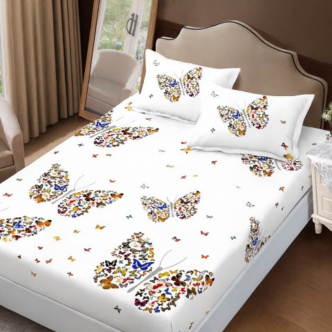 Set husă pat Finet Elegance + 2 fețe perne pentru saltea de 160x200 cm, Fluturi, HF2FP115
