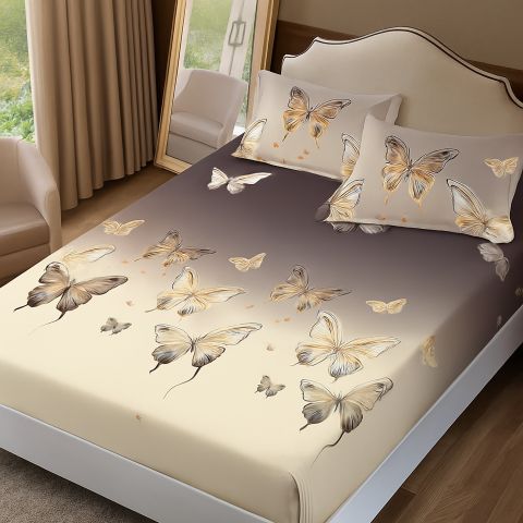 Set husă pat Finet Elegance + 2 fețe perne pentru saltea de 160x200 cm, Fluturi, HF2FP116