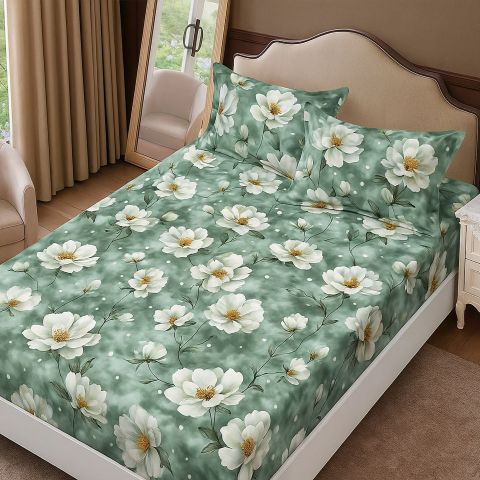 Set husă pat Finet Elegance + 2 fețe perne pentru saltea de 160x200 cm, Floare, HF2FP95