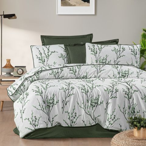 Lenjerie pat dublu Creponata 100% Bumbac, cearsaf pat 200x230 cm, pilota 180x215 cm, 2 fete perna 50x70 cm, Alb Verde Închis, Pucioasa