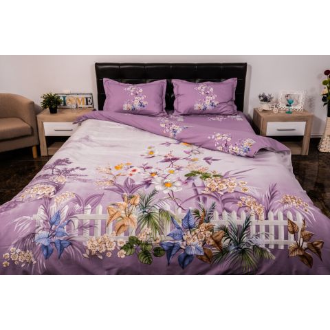 Lenjerie de pat dublu 4 piese 220 x 230 cm Digital Print 3D, Mov Flori gradina Pucioasa 