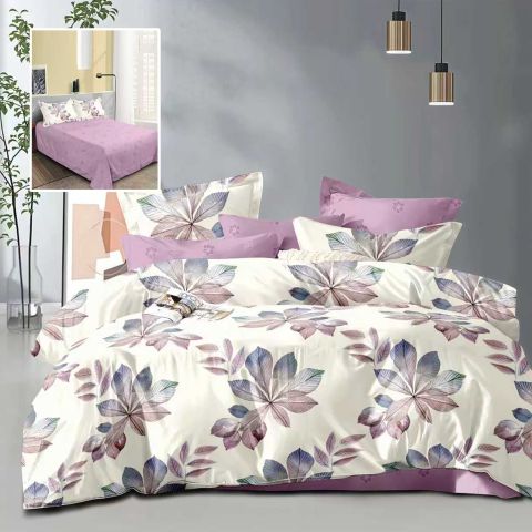 Lenjerie pat dublu ELVO 4 piese cearsaf pat 230x250 cm, pilota 200x230 cm, 2 fete perne 50x70 cm, Frunze Crem / Lila