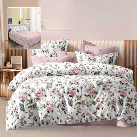 Lenjerie pat dublu ELVO 4 piese cearsaf pat 230x250 cm, pilota 200x230 cm, 2 fete perne 50x70 cm, Trandafiri Roz