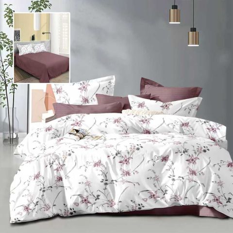 Lenjerie pat dublu Economy 4 piese, cearsaf pat 230x250 cm si pilota 200x230 cm, 2 fete perne 50x70, Flori Alb / Visiniu ECN33