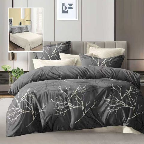 Lenjerie pat dublu Economy 4 piese, cearsaf pat 230x250 cm si pilota 200x230 cm, 2 fete perne 50x70, Crengute Bej / Negru ECN36