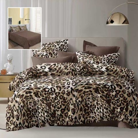Lenjerie pat dublu Economy 4 piese, cearsaf pat 230x250 cm si pilota 200x230 cm, 2 fete perne 50x70, Imprimeu Animal Print Maro / Negru ECN37