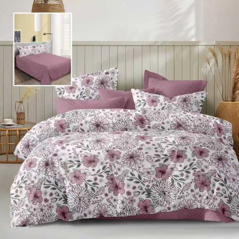 Lenjerie pat dublu Economy 4 piese, cearsaf pat 230x250 cm si pilota 200x230 cm, 2 fete perne 50x70, Imprimeu flori Roz ECN38
