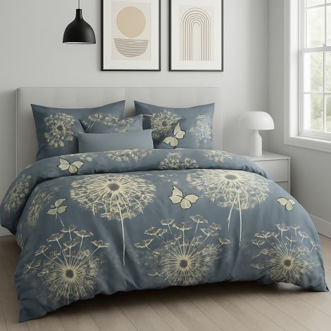 Lenjerie pat dublu ELVO 4 piese cearsaf pat 230x250 cm, pilota 200x230 cm, 2 fete perne 50x70 cm, Fluturi Galben / Gri