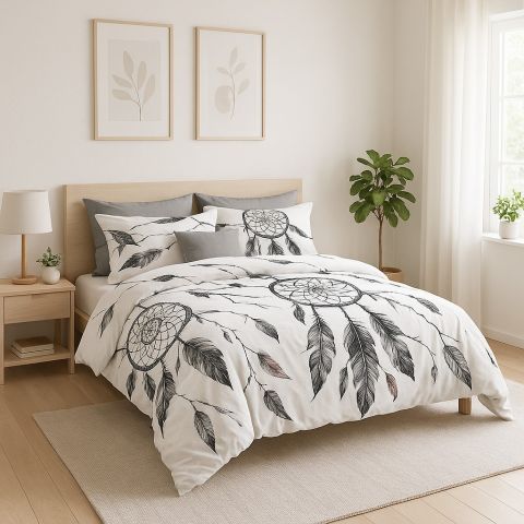 Lenjerie pat dublu ELVO 4 piese cearsaf pat 230x250 cm, pilota 200x230 cm, 2 fete perne 50x70 cm, Pene Alb / Gri