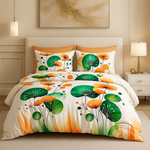 Lenjerie pat dublu ELVO 4 piese cearsaf pat 230x250 cm, pilota 200x230 cm, 2 fete perne 50x70 cm, Eleganta Portocaliu / Verde