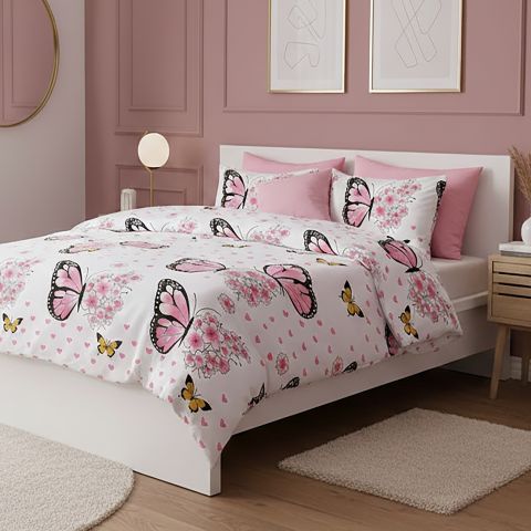 Lenjerie pat dublu ELVO 4 piese cearsaf pat 230x250 cm, pilota 200x230 cm, 2 fete perne 50x70 cm, Fluturasi Alb / Roz