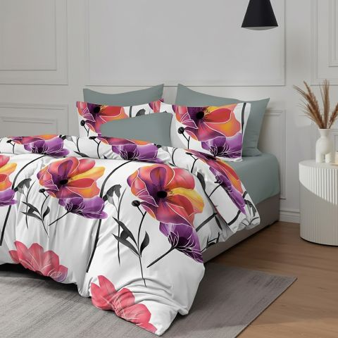 Lenjerie pat dublu ELVO 4 piese cearsaf pat 230x250 cm, pilota 200x230 cm, 2 fete perne 50x70 cm, Flori colorate Mov / Gri