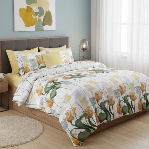 Lenjerie pat dublu ELVO 4 piese cearsaf pat 230x250 cm, pilota 200x230 cm, 2 fete perne 50x70 cm, Flori salbatice Galben / Verde