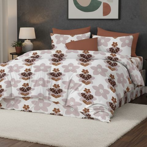 Lenjerie pat dublu ELVO 4 piese cearsaf pat 230x250 cm, pilota 200x230 cm, 2 fete perne 50x70 cm, Inimioare Alb / Maro