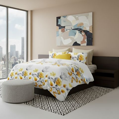 Lenjerie pat dublu ELVO 4 piese cearsaf pat 230x250 cm, pilota 200x230 cm, 2 fete perne 50x70 cm, Flori Alb / Galben