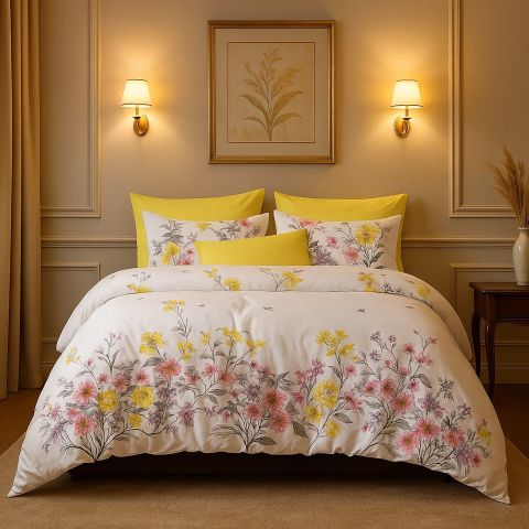 Lenjerie pat dublu ELVO 4 piese cearsaf pat 230x250 cm, pilota 200x230 cm, 2 fete perne 50x70 cm, Flori primavara Galben