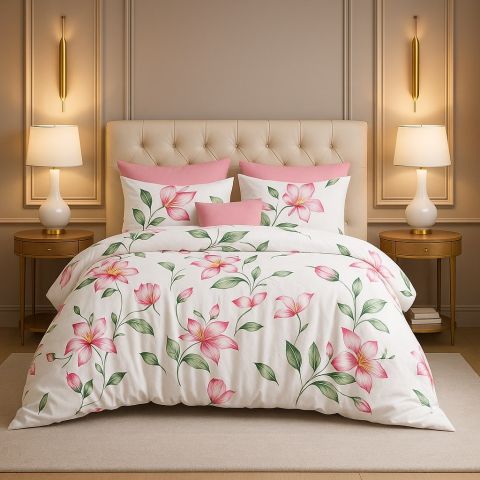 Lenjerie pat dublu ELVO 4 piese cearsaf pat 230x250 cm, pilota 200x230 cm, 2 fete perne 50x70 cm, Flori Alb / Roz
