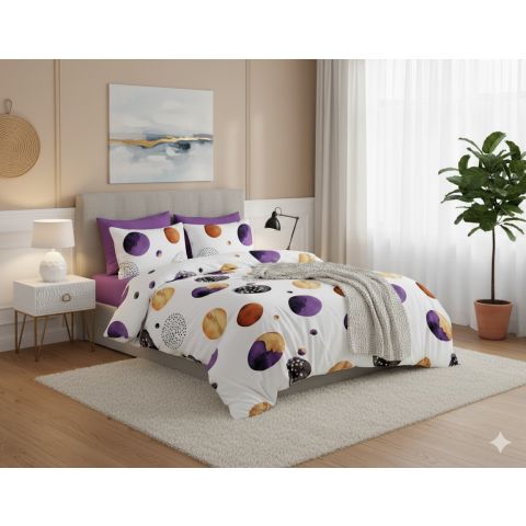 Lenjerie pat dublu ELVO 4 piese cearsaf pat 230x250 cm, pilota 200x230 cm, 2 fete perne 50x70 cm, Eleganta Alb / Mov