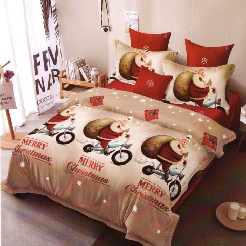 Lenjerie pat ELVO 4 piese Moș Crăciun și sacul cu cadouri, cearșaf pat 220x230 cm, pilotă 200x220 cm, 2 fețe perne 50x70 cm
