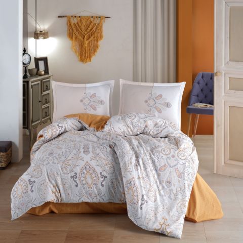 Lenjerie pat dublu Bumbac 100% Ranforce 4 piese extra large, cearsaf pat 240x260 cm, pilota 200x220 cm, 2 fete perne 50x70 cm, Portocaliu ARAMIS