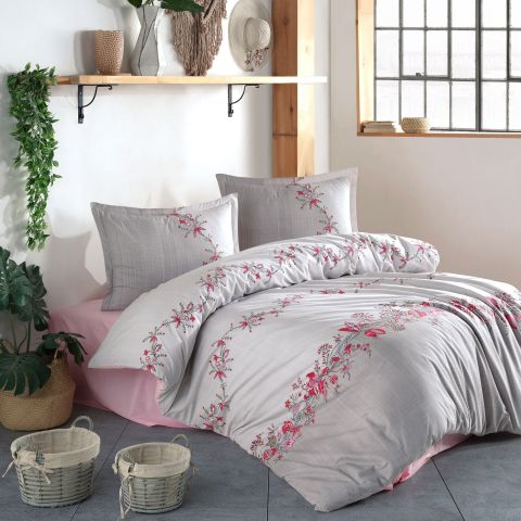 Lenjerie pat dublu Bumbac 100% Ranforce 4 piese extra large, cearsaf pat 240x260 cm, pilota 200x220 cm, 2 fete perne 50x70 cm, Roz / Gri LORINDA