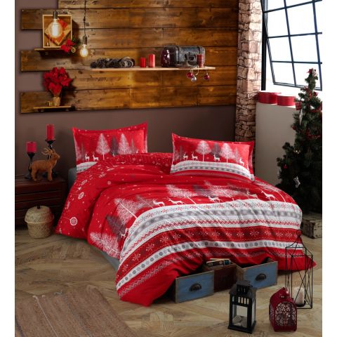 Lenjerie pat dublu Bumbac 100% Ranforce 4 piese extra large, cearsaf pat 240x260 cm, pilota 200x220 cm, 2 fete perne 50x70 cm, Rosu NADAL