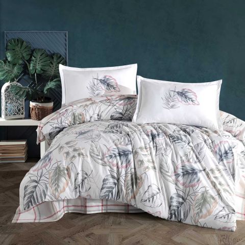 Lenjerie pat dublu Bumbac 100% Ranforce 4 piese extra large, cearsaf pat 240x260 cm, pilota 200x220 cm, 2 fete perne 50x70 cm, Alb / Roz NESSA 