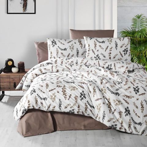 Lenjerie pat dublu Bumbac 100% Ranforce 4 piese extra large, cearsaf pat 240x260 cm, pilota 200x220 cm, 2 fete perne 50x70 cm, Alb / Maro RNF_14