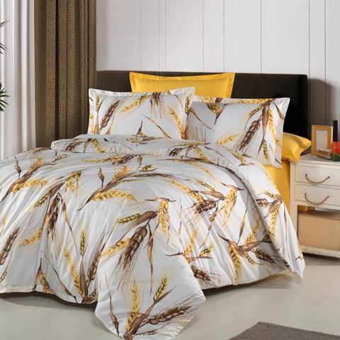 Lenjerie pat dublu Bumbac 100% Ranforce 4 piese extra large, cearsaf pat 240x260 cm, pilota 200x220 cm, 2 fete perne 50x70 cm, Alb / Galben RNF_20