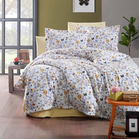 Lenjerie pat dublu Bumbac 100% Ranforce 4 piese extra large, cearsaf pat 240x260 cm, pilota 200x220 cm, 2 fete perne 50x70 cm, Galben / Alb RNF_22