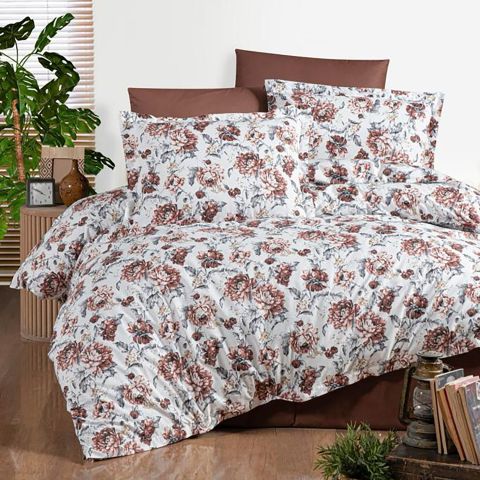 Lenjerie pat dublu Bumbac 100% Ranforce 4 piese extra large, cearsaf pat 240x260 cm, pilota 200x220 cm, 2 fete perne 50x70 cm, Alb / Maro RNF_23